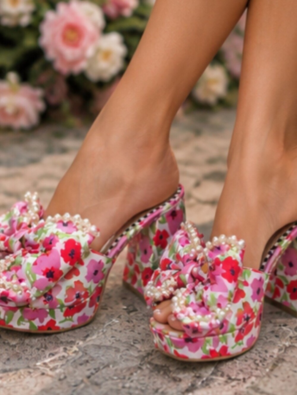 Betsey Johnson Size 8.5 Floral Pearl Bow Platform Mule Heels EUC